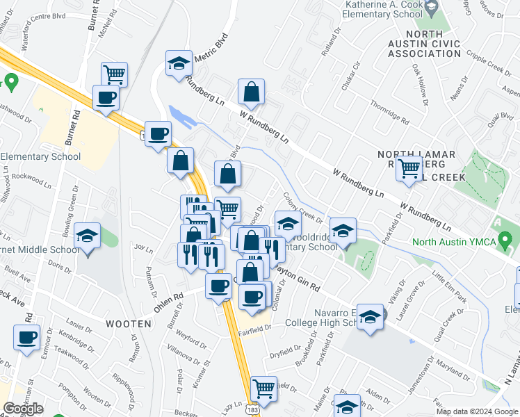 map of restaurants, bars, coffee shops, grocery stores, and more near 9039 Galewood Drive in Austin