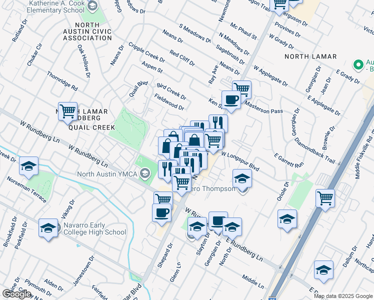map of restaurants, bars, coffee shops, grocery stores, and more near 9616 North Lamar Boulevard in Austin