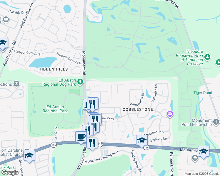 map of restaurants, bars, coffee shops, grocery stores, and more near 12094 Cancun Drive in Jacksonville