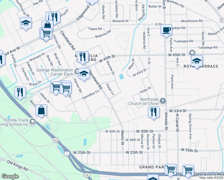 map of restaurants, bars, coffee shops, grocery stores, and more near 5229 Polan Lane in Jacksonville