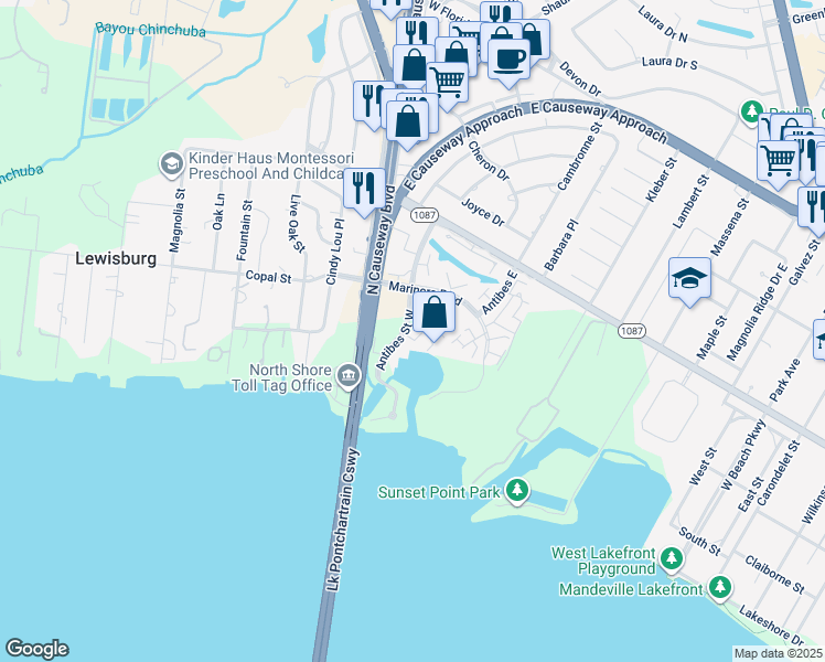 map of restaurants, bars, coffee shops, grocery stores, and more near 103 Tops L Drive in Mandeville