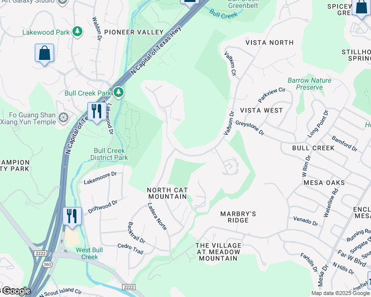 map of restaurants, bars, coffee shops, grocery stores, and more near 7130 Valburn Drive in Austin