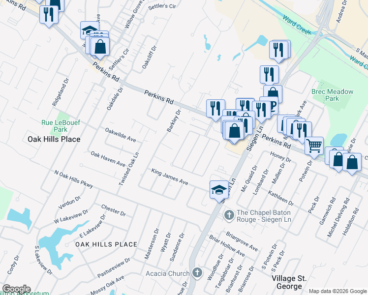 map of restaurants, bars, coffee shops, grocery stores, and more near 753 Wordsworth Drive in Baton Rouge