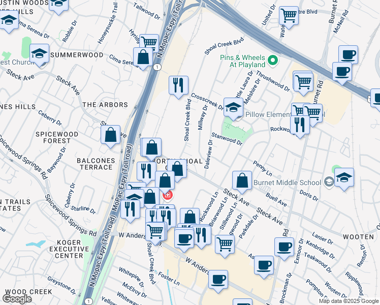 map of restaurants, bars, coffee shops, grocery stores, and more near 8229 Shoal Creek Boulevard in Austin