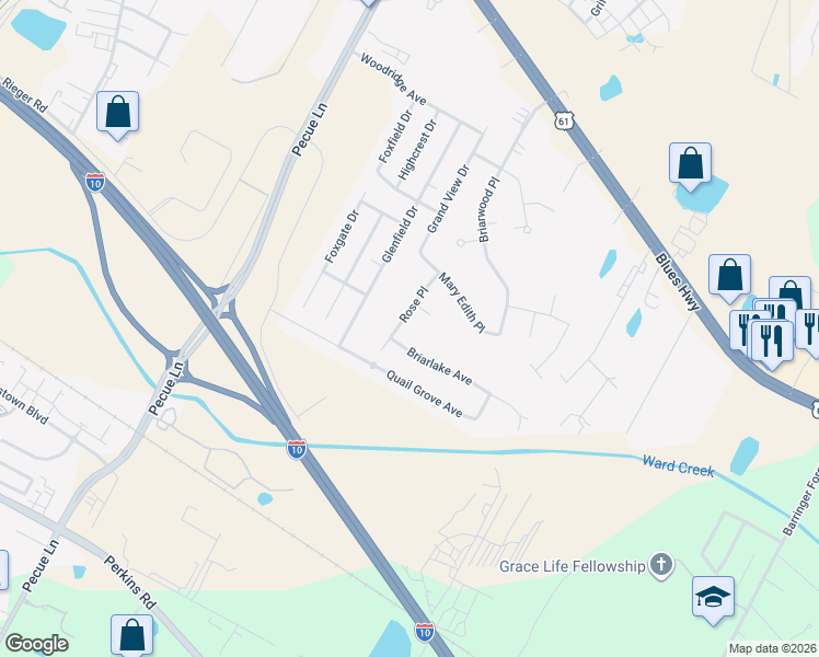 map of restaurants, bars, coffee shops, grocery stores, and more near 9234 Rose Place in Baton Rouge