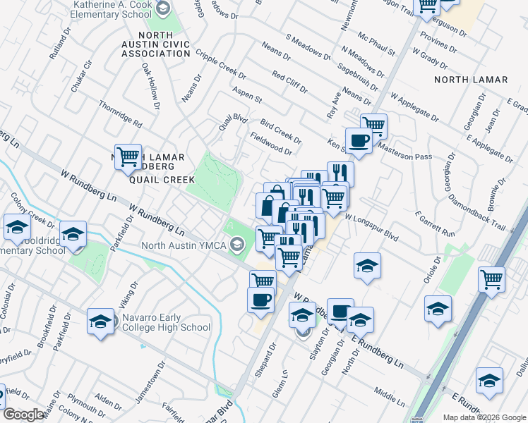 map of restaurants, bars, coffee shops, grocery stores, and more near 9607 Covey Ridge Lane in Austin