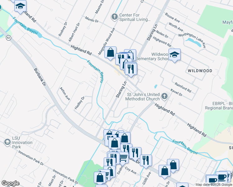 map of restaurants, bars, coffee shops, grocery stores, and more near 337 Bonarbridge Drive in Baton Rouge