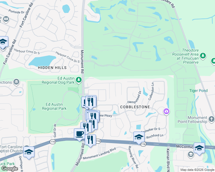 map of restaurants, bars, coffee shops, grocery stores, and more near 12094 Cancun Drive in Jacksonville