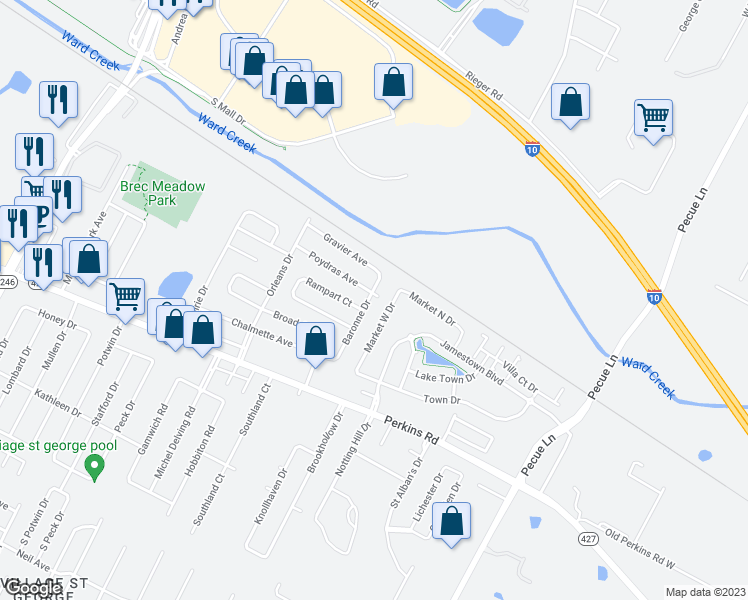 map of restaurants, bars, coffee shops, grocery stores, and more near 9005 Baronne Drive in Baton Rouge