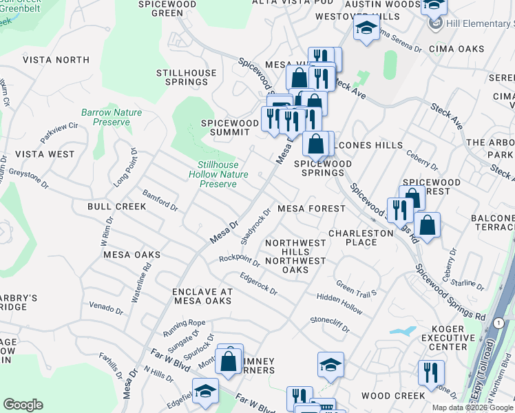 map of restaurants, bars, coffee shops, grocery stores, and more near 7713 Mesa Drive in Austin