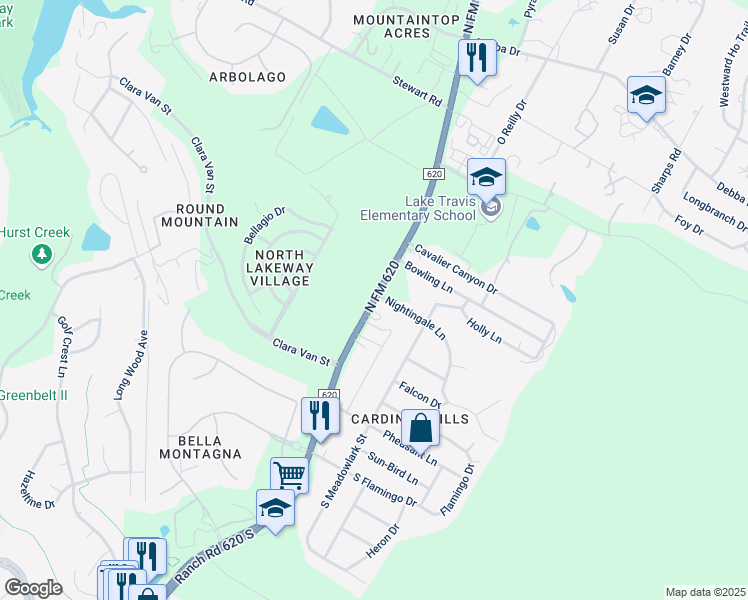 map of restaurants, bars, coffee shops, grocery stores, and more near 186 Ranch Road 620 North in Lakeway