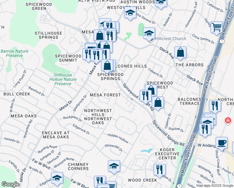 map of restaurants, bars, coffee shops, grocery stores, and more near 3812 Williamsburg Circle in Austin