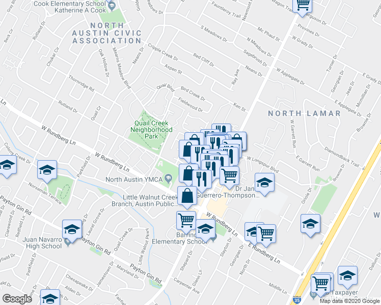 map of restaurants, bars, coffee shops, grocery stores, and more near 9527 Quail Village Lane in Austin