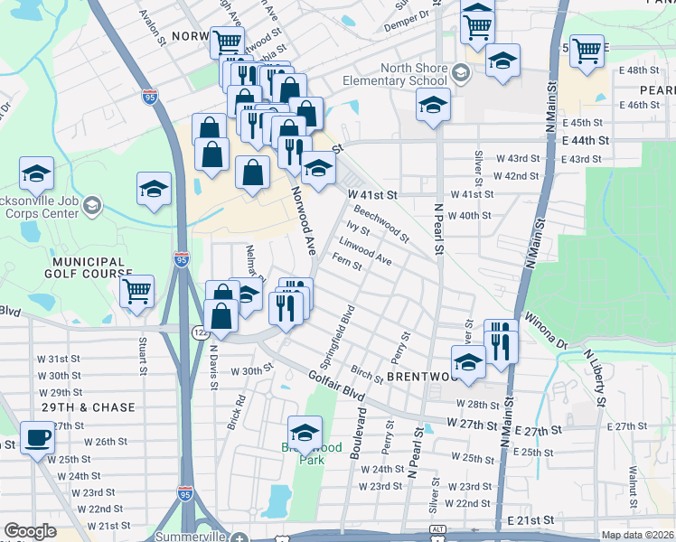 map of restaurants, bars, coffee shops, grocery stores, and more near 658 Fern Street in Jacksonville