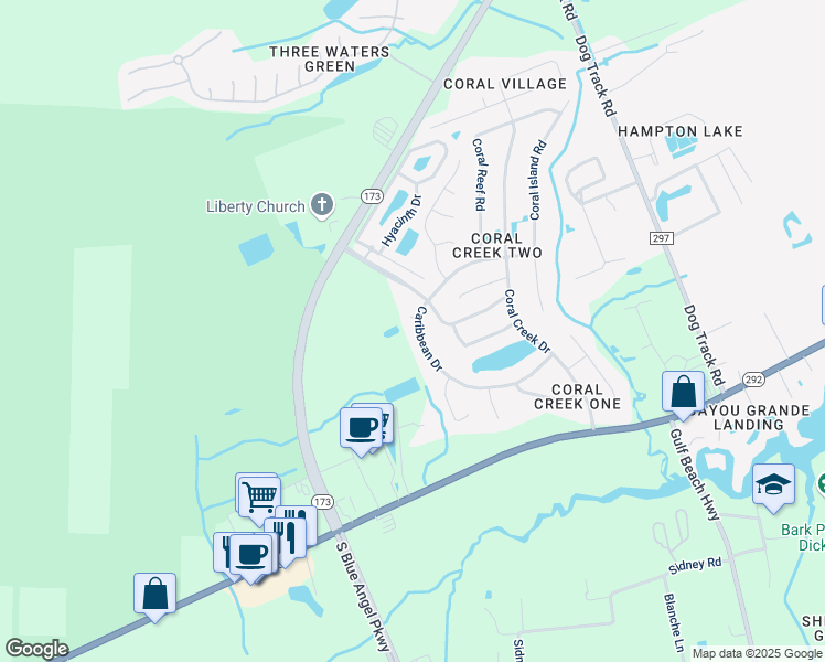 map of restaurants, bars, coffee shops, grocery stores, and more near 9065 Caribbean Drive in Pensacola