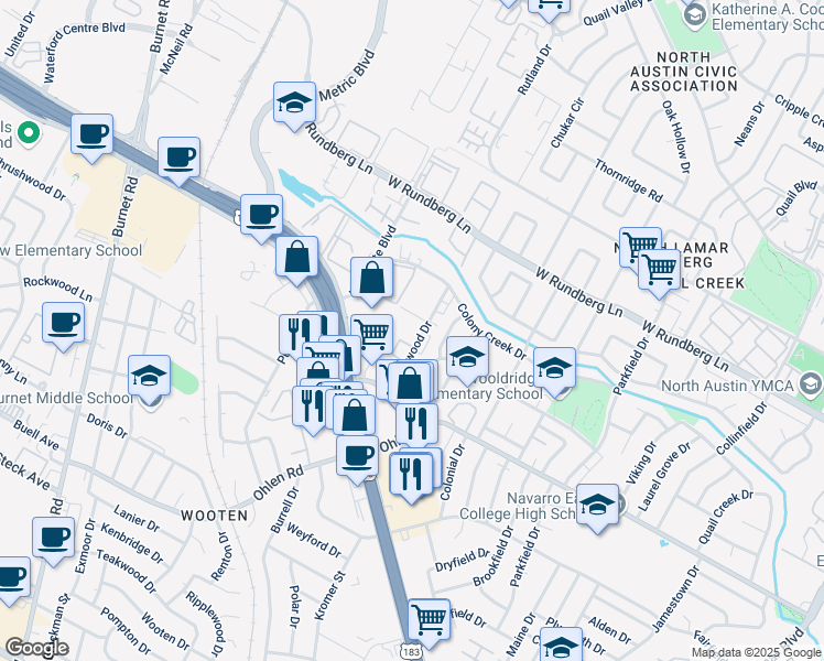 map of restaurants, bars, coffee shops, grocery stores, and more near 9008 Galewood Drive in Austin