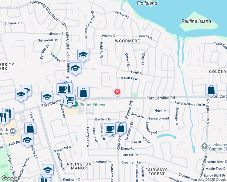 map of restaurants, bars, coffee shops, grocery stores, and more near 6457 Fort Caroline Road in Jacksonville