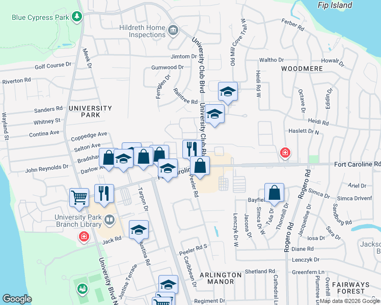 map of restaurants, bars, coffee shops, grocery stores, and more near 5959-4 5959-4 Fort Caroline Ap in Jacksonville
