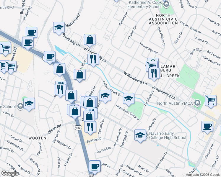 map of restaurants, bars, coffee shops, grocery stores, and more near 1700 Colony Creek Drive in Austin