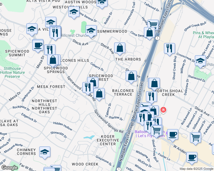 map of restaurants, bars, coffee shops, grocery stores, and more near 3615 Summit Bend in Austin