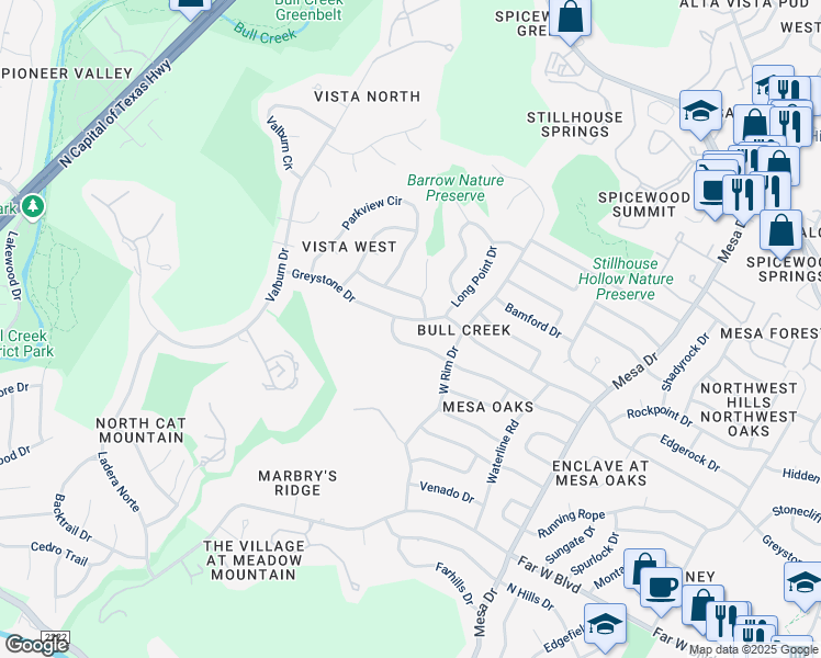 map of restaurants, bars, coffee shops, grocery stores, and more near 4405 Greystone Drive in Austin