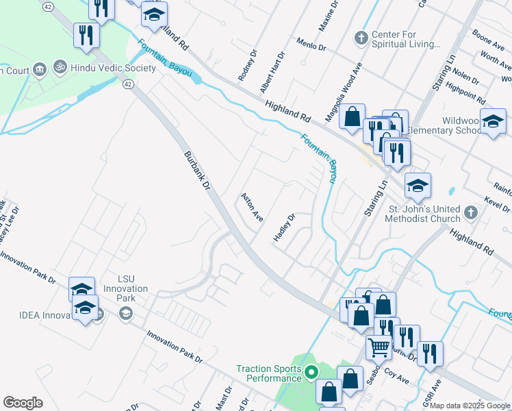 map of restaurants, bars, coffee shops, grocery stores, and more near 8555 Aston Avenue in Baton Rouge