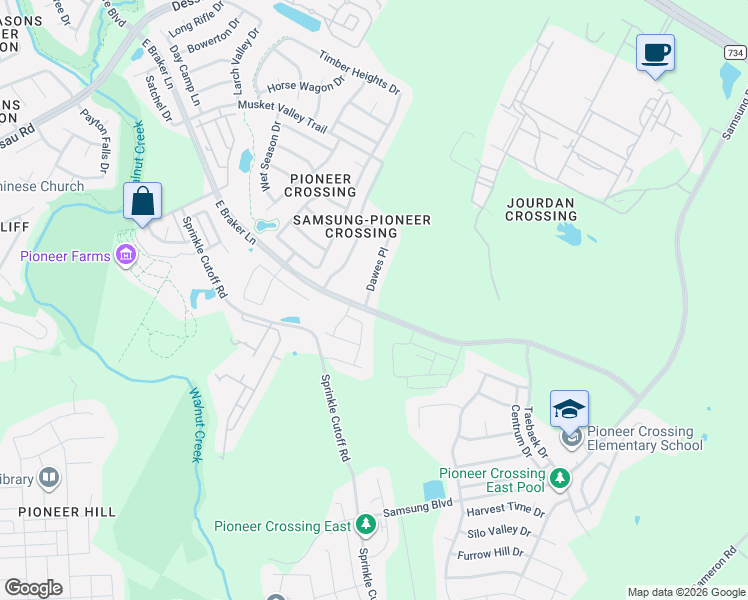 map of restaurants, bars, coffee shops, grocery stores, and more near 11109 Dawes Place in Austin