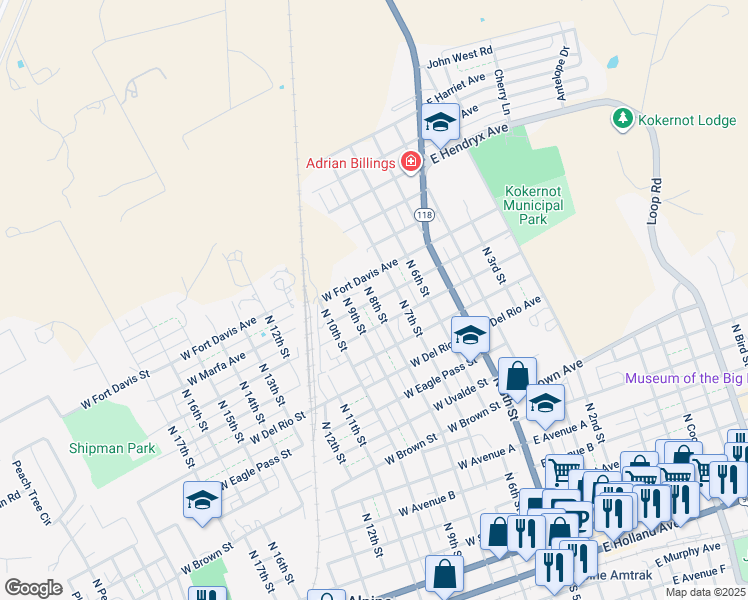 map of restaurants, bars, coffee shops, grocery stores, and more near 1400 North 8th Street in Alpine