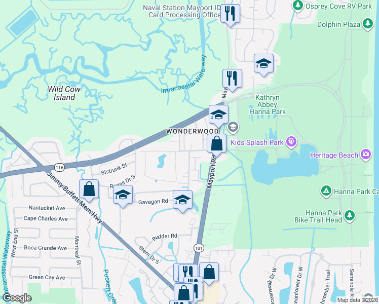 map of restaurants, bars, coffee shops, grocery stores, and more near 290 Vern Drive in Jacksonville