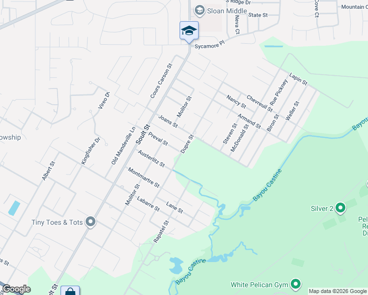 map of restaurants, bars, coffee shops, grocery stores, and more near 1840 Dupre Street in Mandeville