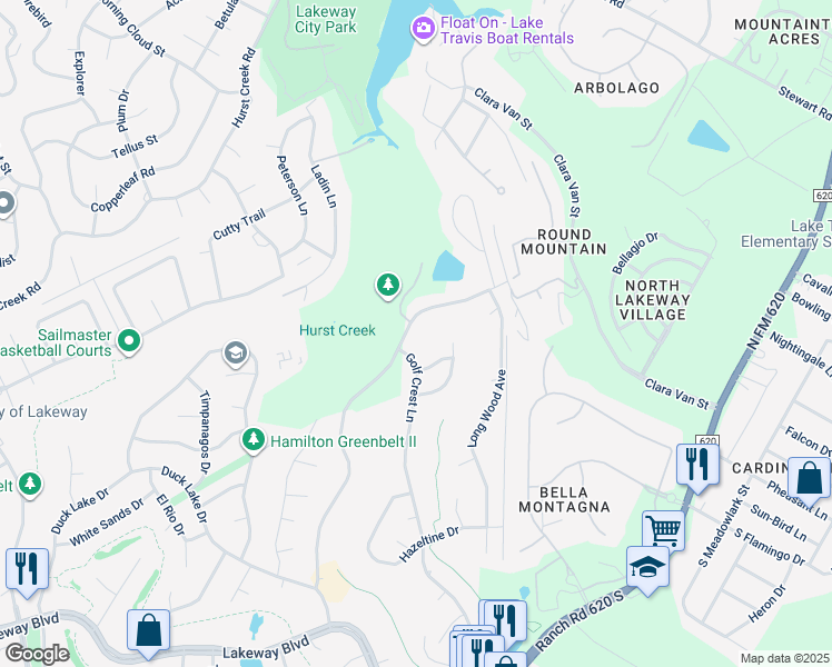 map of restaurants, bars, coffee shops, grocery stores, and more near 208 Clubhouse Drive in Lakeway