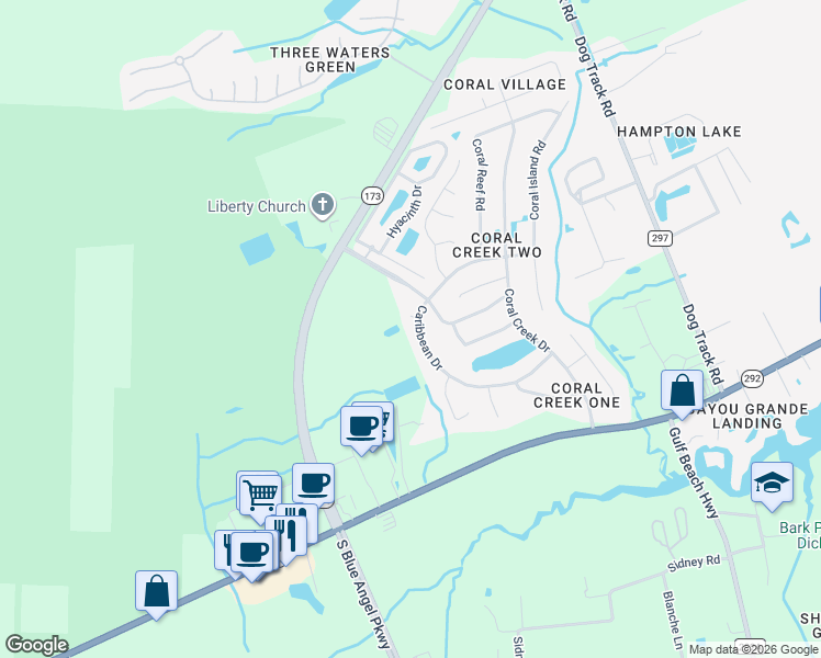map of restaurants, bars, coffee shops, grocery stores, and more near 9064-9066 Caribbean Drive in Pensacola