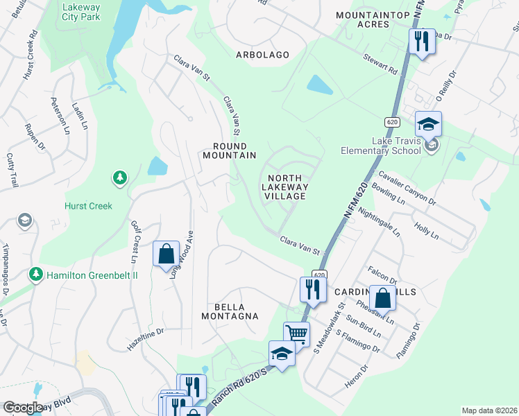 map of restaurants, bars, coffee shops, grocery stores, and more near 115 Bellagio Drive in Austin