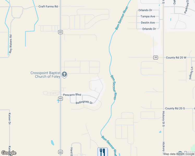 map of restaurants, bars, coffee shops, grocery stores, and more near 1201 Peirroke Way in Foley