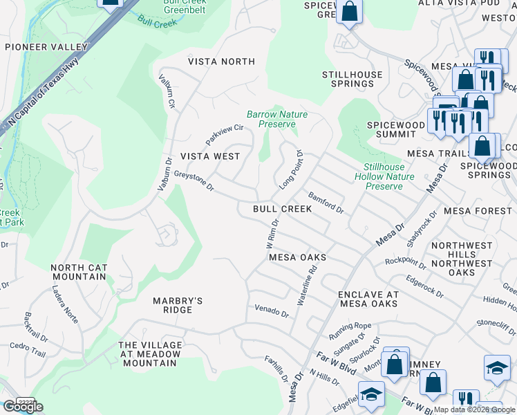 map of restaurants, bars, coffee shops, grocery stores, and more near 4405 Greystone Drive in Austin