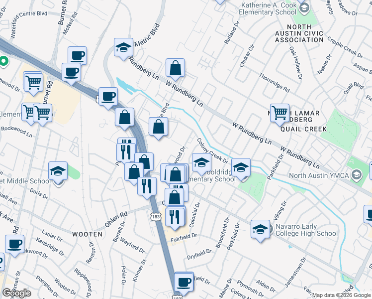 map of restaurants, bars, coffee shops, grocery stores, and more near 9039 Galewood Drive in Austin