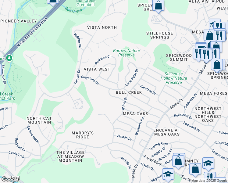 map of restaurants, bars, coffee shops, grocery stores, and more near 4405 Greystone Drive in Austin