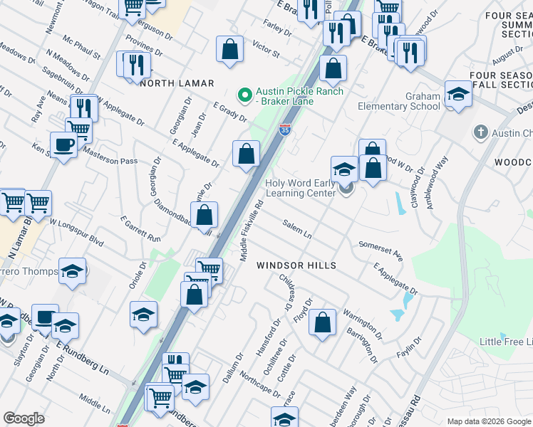 map of restaurants, bars, coffee shops, grocery stores, and more near 803 Salem Ln in Austin