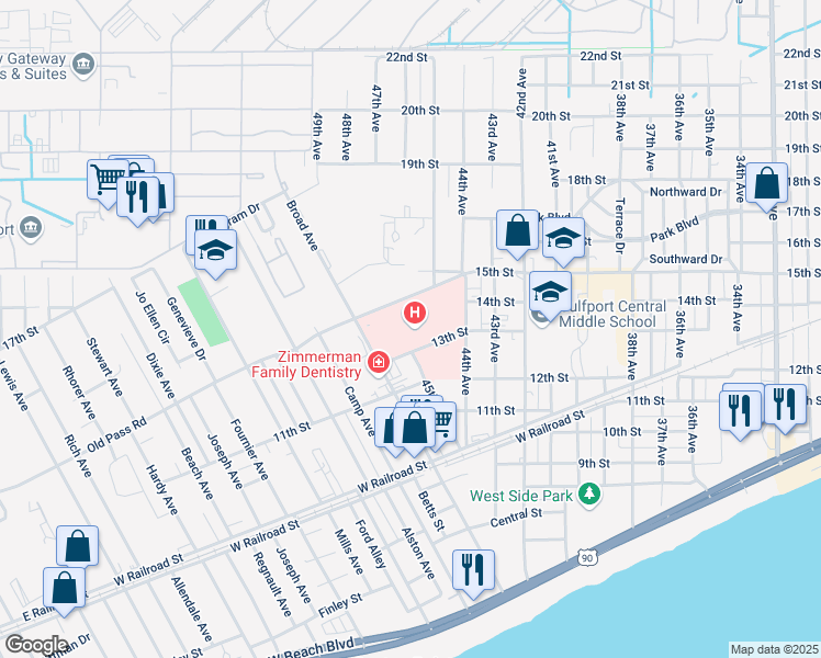 map of restaurants, bars, coffee shops, grocery stores, and more near 4500 13th Street in Gulfport