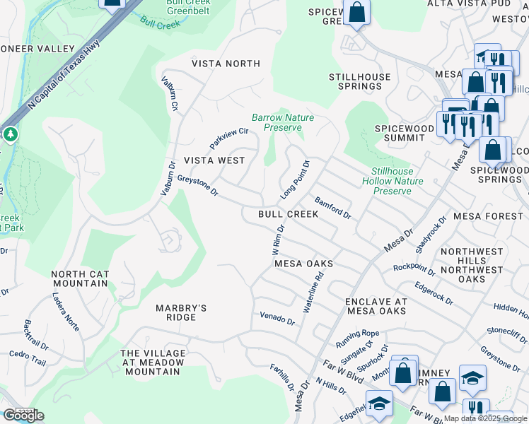 map of restaurants, bars, coffee shops, grocery stores, and more near 4405 Greystone Drive in Austin