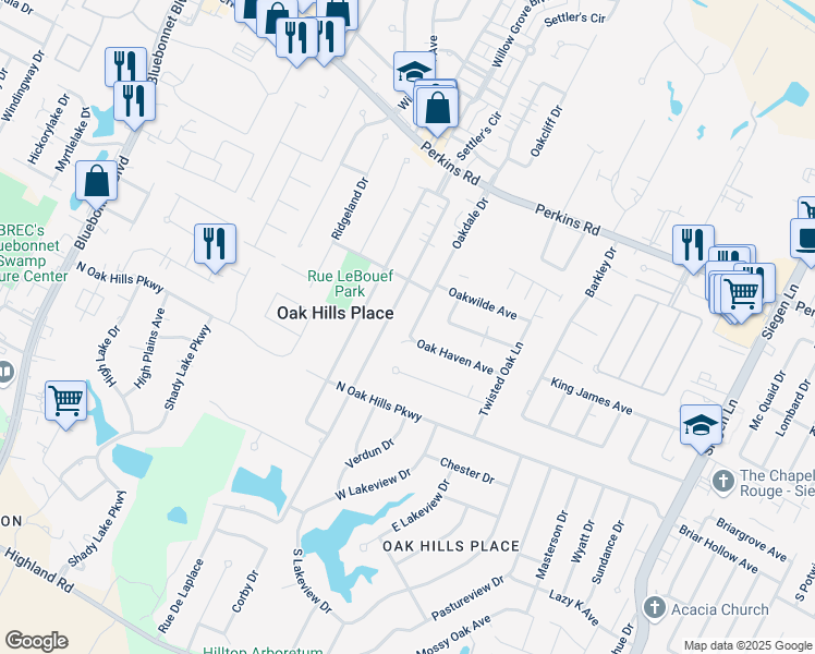 map of restaurants, bars, coffee shops, grocery stores, and more near 1333 Oakdale Drive in Baton Rouge
