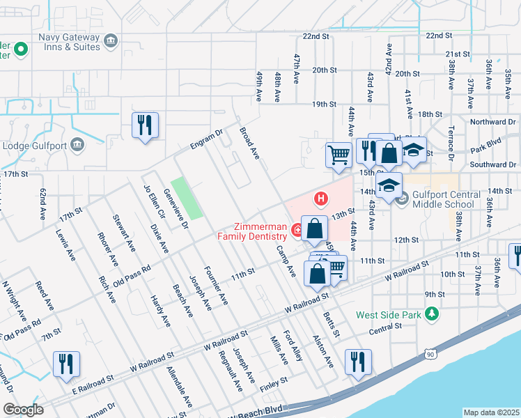 map of restaurants, bars, coffee shops, grocery stores, and more near 4530 Old Pass Road in Gulfport