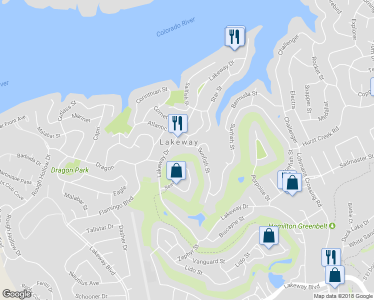 map of restaurants, bars, coffee shops, grocery stores, and more near 309 Sunfish Street in Lakeway