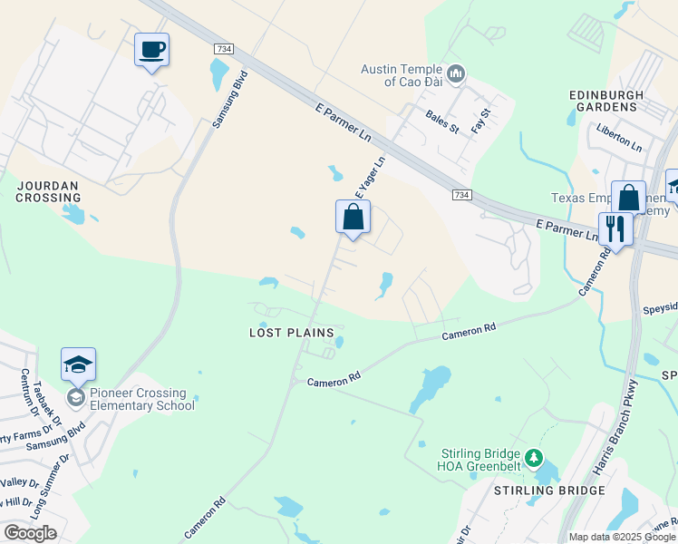 map of restaurants, bars, coffee shops, grocery stores, and more near 4814 East Yager Lane in Manor