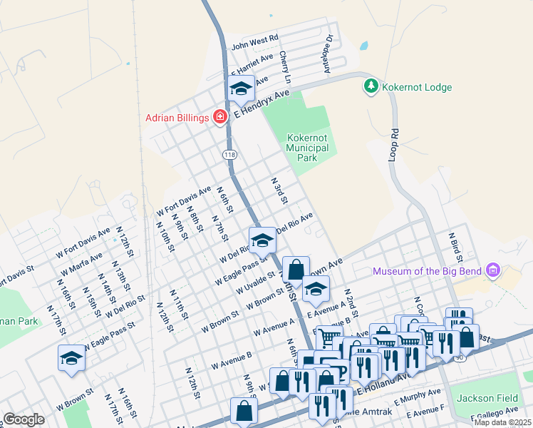 map of restaurants, bars, coffee shops, grocery stores, and more near 1201 North 4th Street in Alpine
