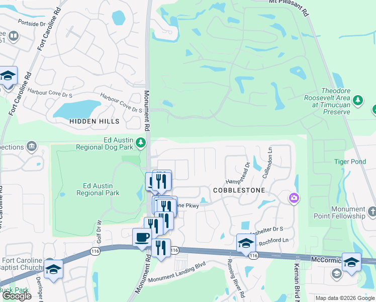 map of restaurants, bars, coffee shops, grocery stores, and more near 12094 Cancun Drive in Jacksonville
