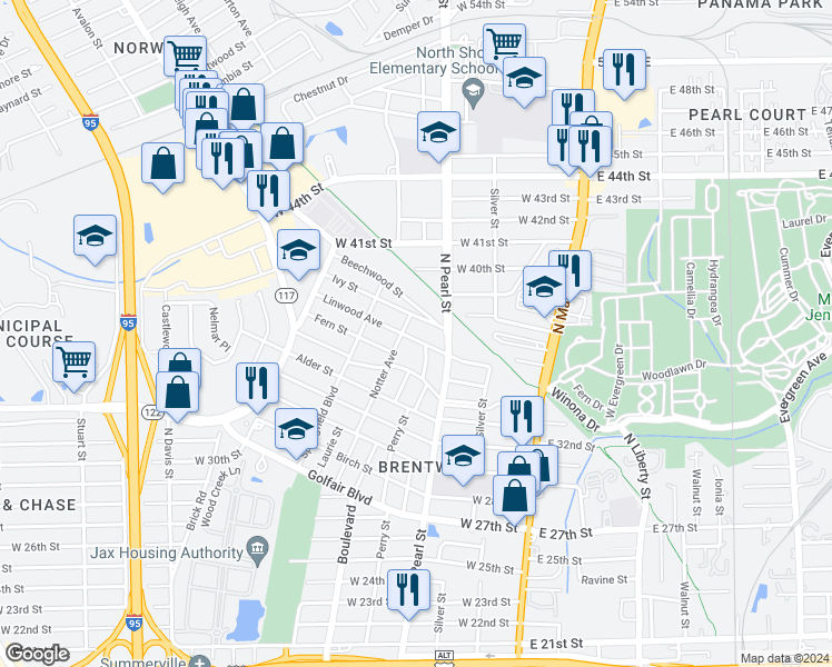 map of restaurants, bars, coffee shops, grocery stores, and more near 425 Linwood Avenue in Jacksonville
