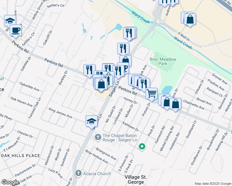 map of restaurants, bars, coffee shops, grocery stores, and more near 13022 Perkins Road in Baton Rouge