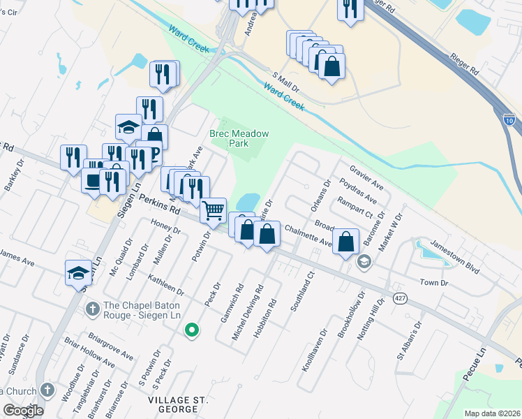 map of restaurants, bars, coffee shops, grocery stores, and more near 9030 Metairie Drive in Baton Rouge