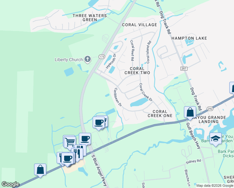 map of restaurants, bars, coffee shops, grocery stores, and more near 9064 Caribbean Drive in Pensacola